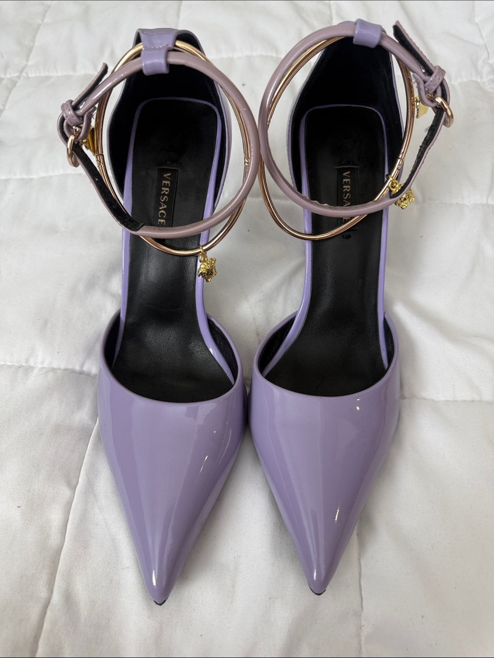 Versace Lavender Patent Pointed-Toe Ankle-Strap Pumps with Gold Accents